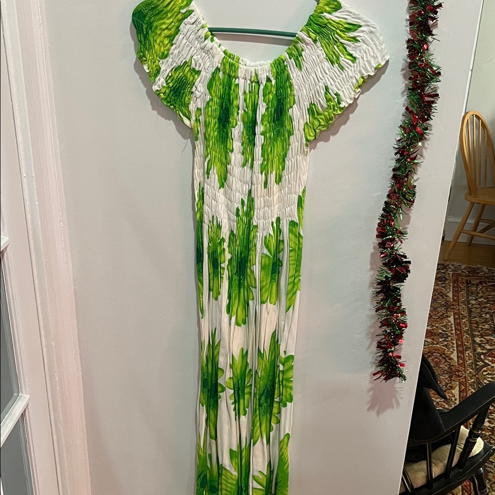 Green and White Pleated Maxi Dress
